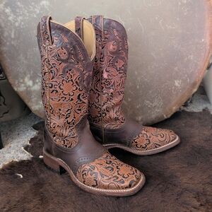 BOULET #2015 ladies hand tooled whiskey leather square toe cowboy boots 6.5